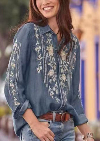 French Blue Peter Pan Collar Embroidered Denim Shirt Top Long Sleeve