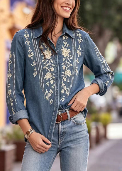 French Blue Peter Pan Collar Embroidered Denim Shirt Top Long Sleeve