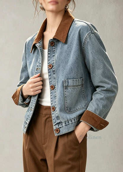 French Blue Peter Pan Collar Pockets Patchwork Denim Jackets Fall