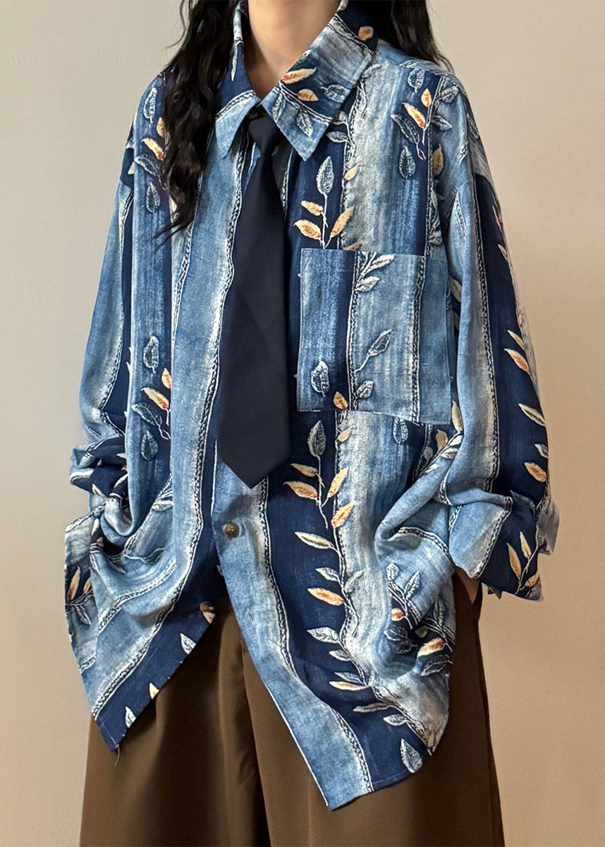 French Blue Peter Pan Collar Striped Print Denim Blouses Spring