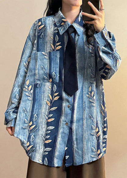 French Blue Peter Pan Collar Striped Print Denim Blouses Spring