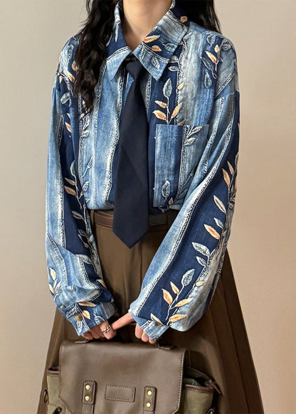 French Blue Peter Pan Collar Striped Print Denim Blouses Spring