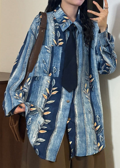 French Blue Peter Pan Collar Striped Print Denim Blouses Spring