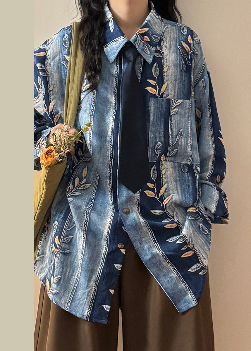 French Blue Peter Pan Collar Striped Print Denim Blouses Spring