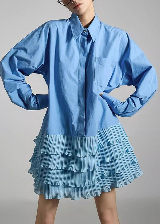 Französischblaues, knöchellanges Baumwollkleid mit Peter-Pan-Kragen und Knitter-Patchwork-Muster für den Frühling