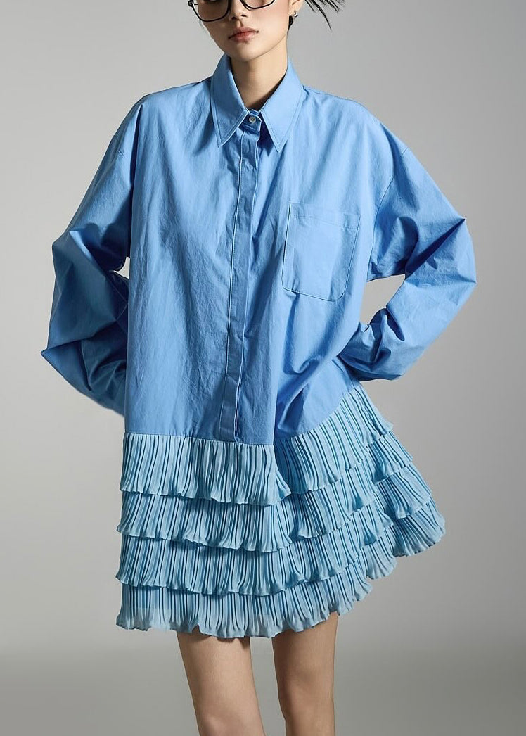 Französischblaues, knöchellanges Baumwollkleid mit Peter-Pan-Kragen und Knitter-Patchwork-Muster für den Frühling