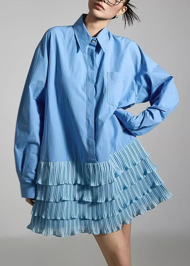 Französischblaues, knöchellanges Baumwollkleid mit Peter-Pan-Kragen und Knitter-Patchwork-Muster für den Frühling