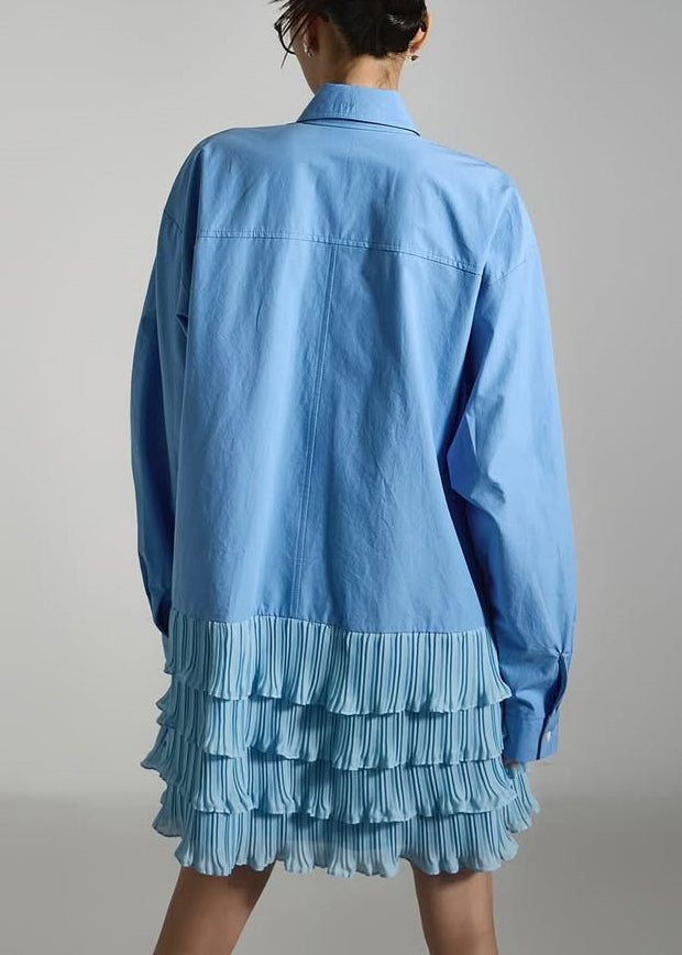 Französischblaues, knöchellanges Baumwollkleid mit Peter-Pan-Kragen und Knitter-Patchwork-Muster für den Frühling