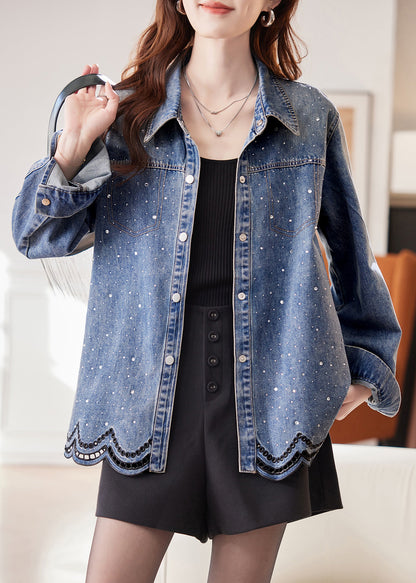 French Blue Peter Pan Collar Zircon Hollow Out Denim Coats Spring