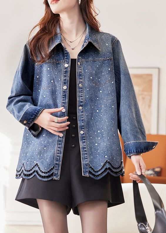 French Blue Peter Pan Collar Zircon Hollow Out Denim Coats Spring