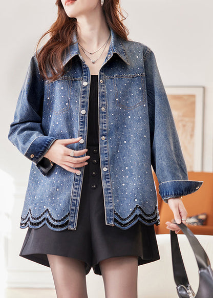 French Blue Peter Pan Collar Zircon Hollow Out Denim Coats Spring