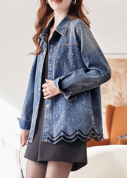 French Blue Peter Pan Collar Zircon Hollow Out Denim Coats Spring
