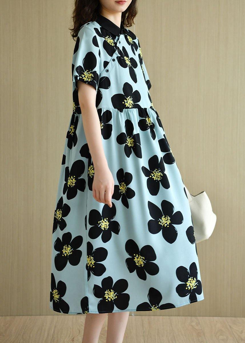 French Blue PeterPan Collar Button Summer Print Short Sleeve Dress - SooLinen