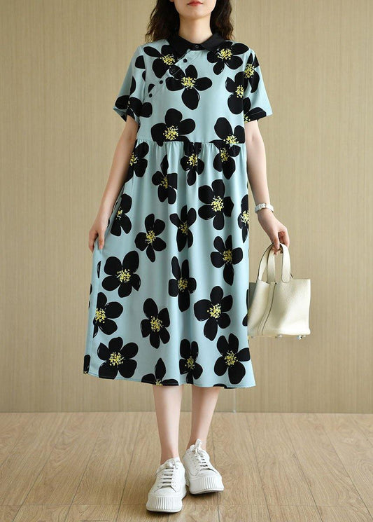 French Blue PeterPan Collar Button Summer Print Short Sleeve Dress - SooLinen