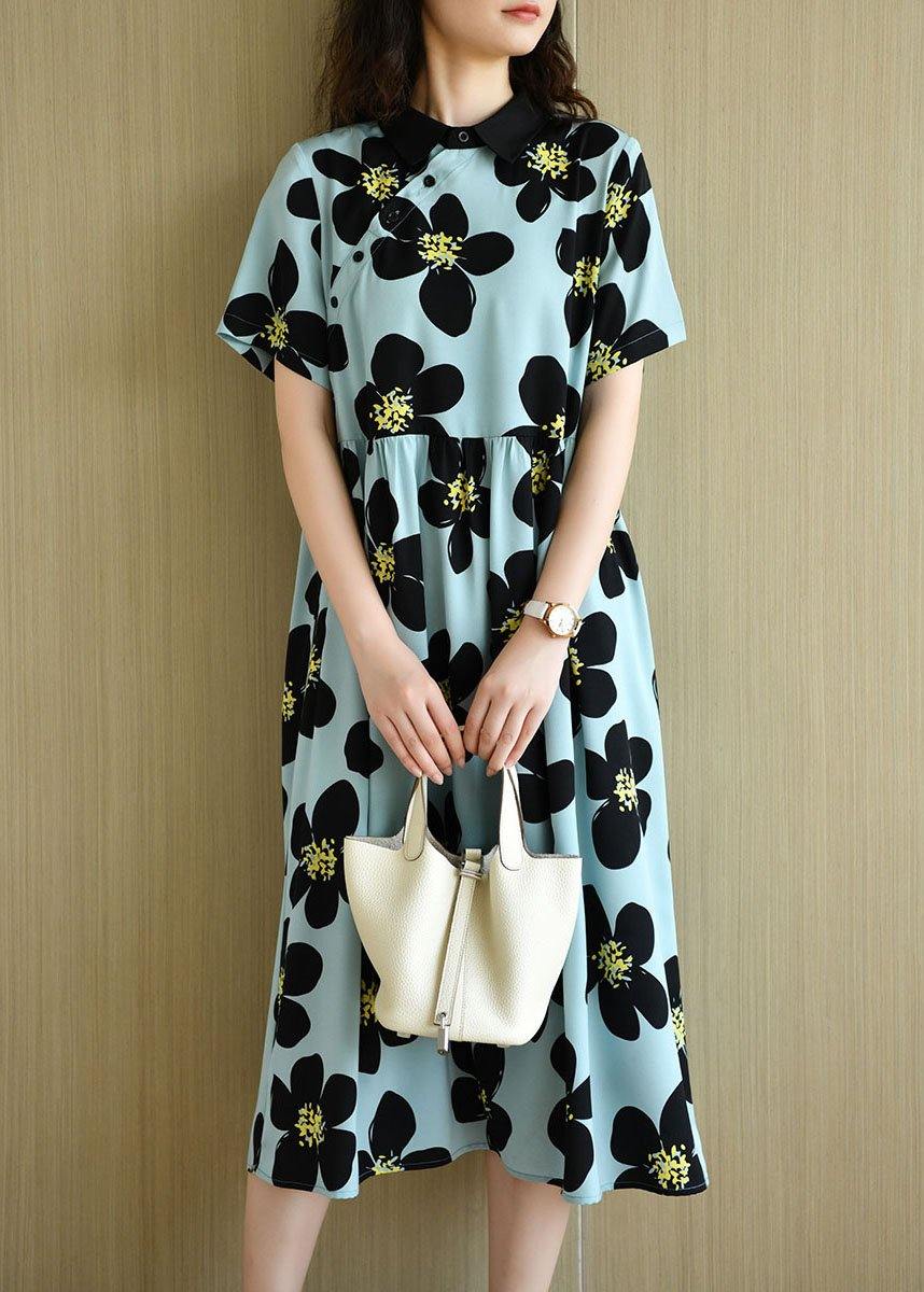 French Blue PeterPan Collar Button Summer Print Short Sleeve Dress - SooLinen