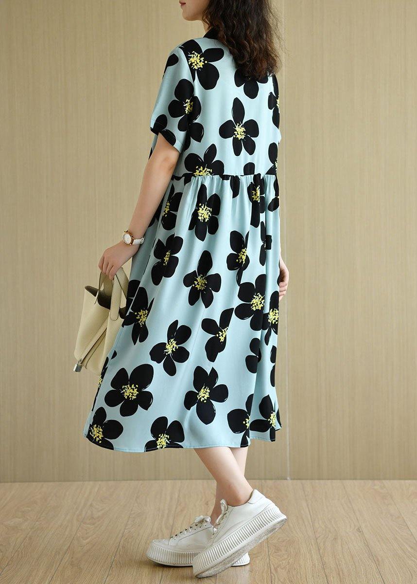 French Blue PeterPan Collar Button Summer Print Short Sleeve Dress - SooLinen