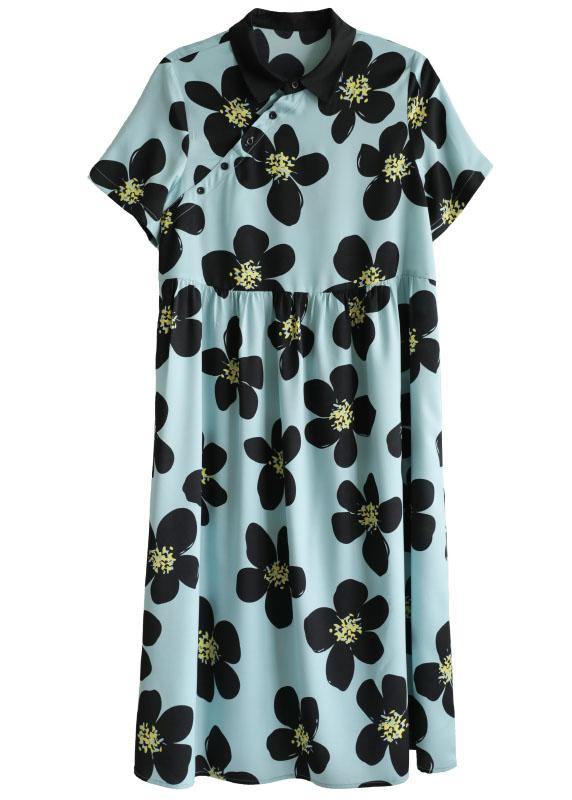 French Blue PeterPan Collar Button Summer Print Short Sleeve Dress - SooLinen