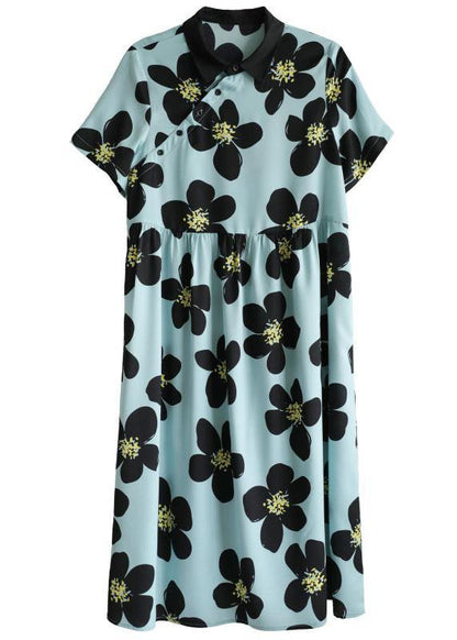 French Blue PeterPan Collar Button Summer Print Short Sleeve Dress - SooLinen