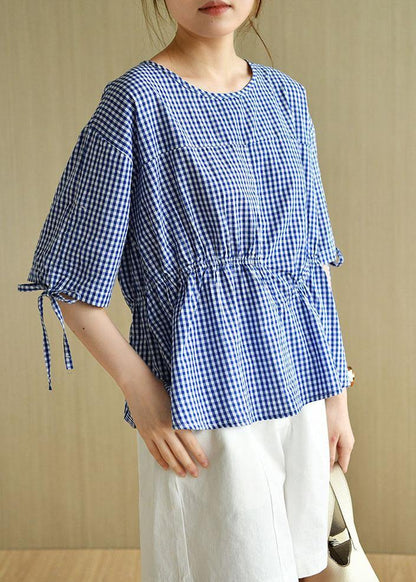 French Blue Plaid Patchwork Drawstring Summer Cotton Half Sleeve Blouse Top - SooLinen