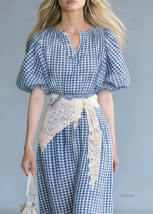 French Blue Plaid Tie Waist Cotton Long Dresses Puff Sleeve