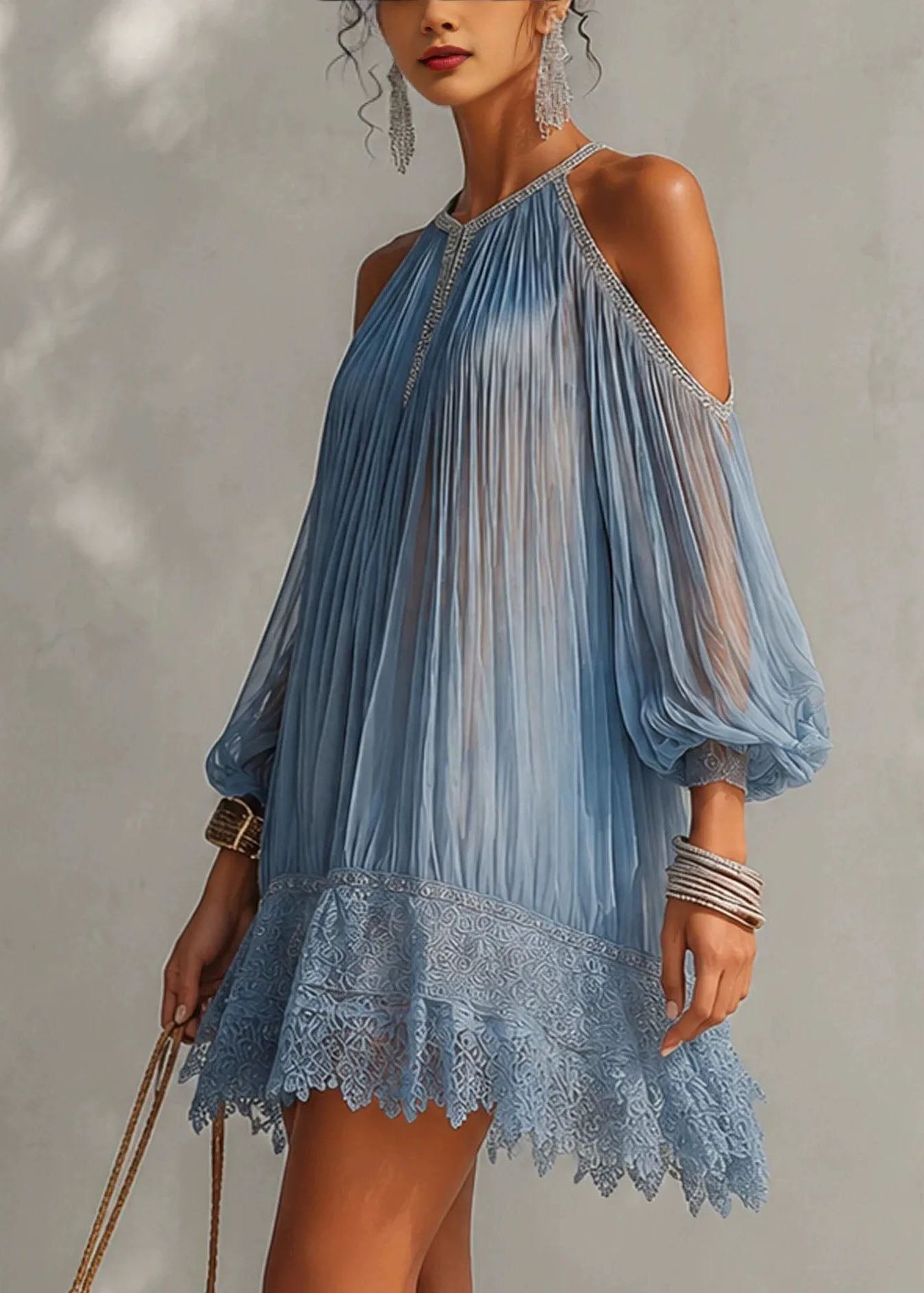 French Blue Pleated Cold Shoulder Patchwork Lace Dress Summer
