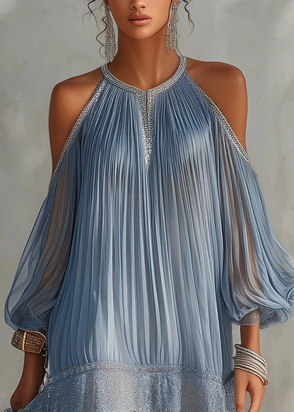 French Blue Pleated Cold Shoulder Patchwork Lace Dress Summer