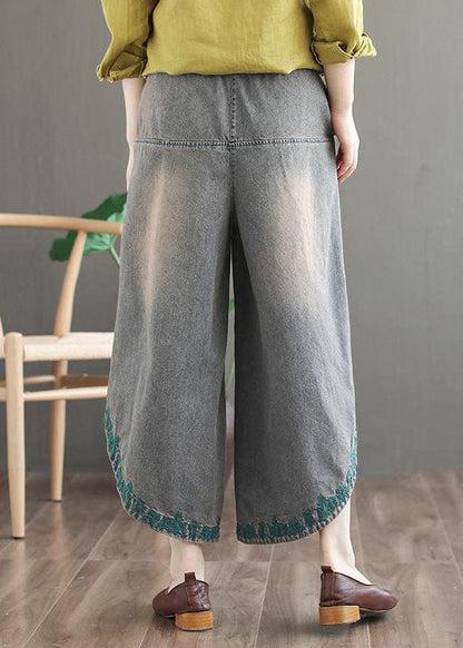 Französische blaue Taschen bestickte Herbst-Denimhose mit weitem Bein