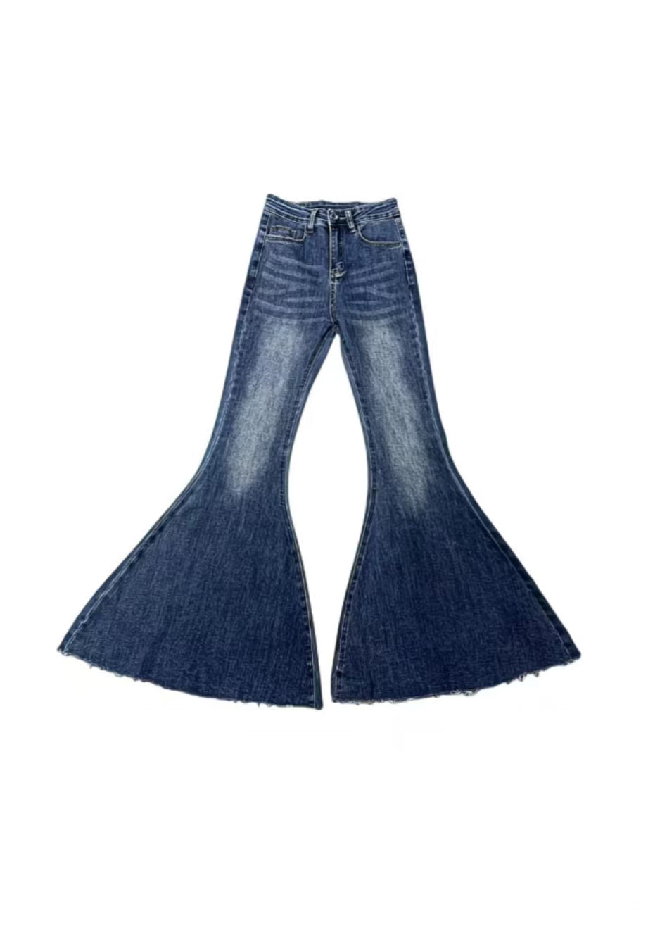 Französischblaue, hochtaillierte, ausgestellte Jeans mit Taschen für den Frühling