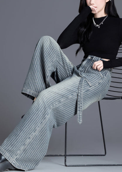 French Blue Pockets Jacquard Patchwork Denim Straight Spring