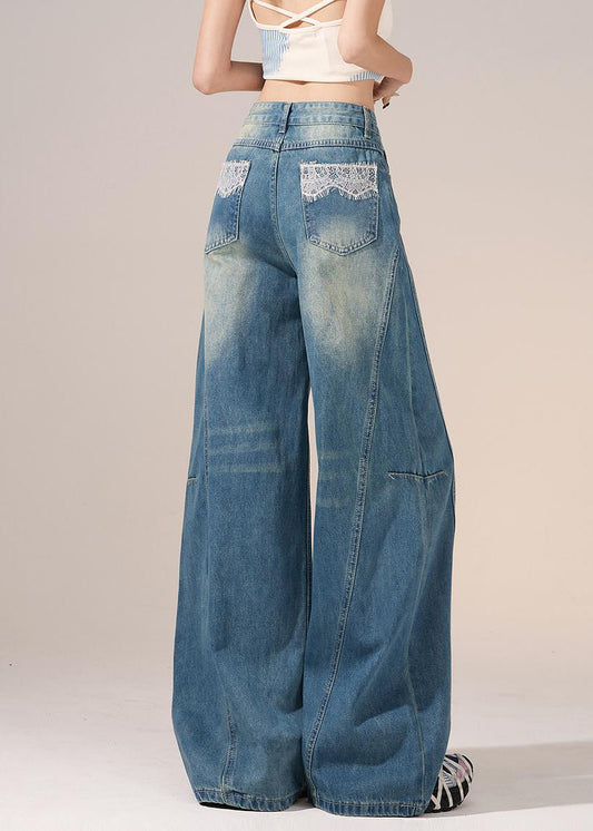 French Blue Pockets Lace Patchwork Denim Pants Spring