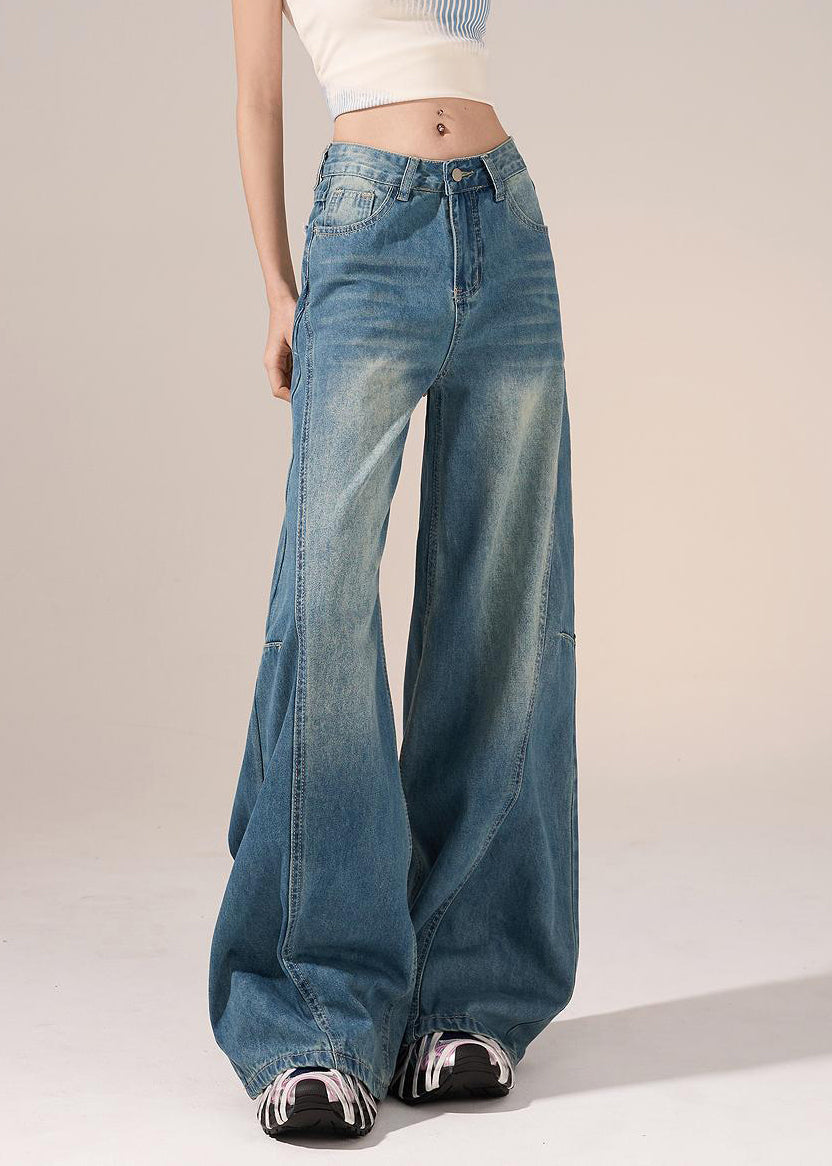 French Blue Pockets Lace Patchwork Denim Pants Spring