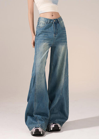 French Blue Pockets Lace Patchwork Denim Pants Spring