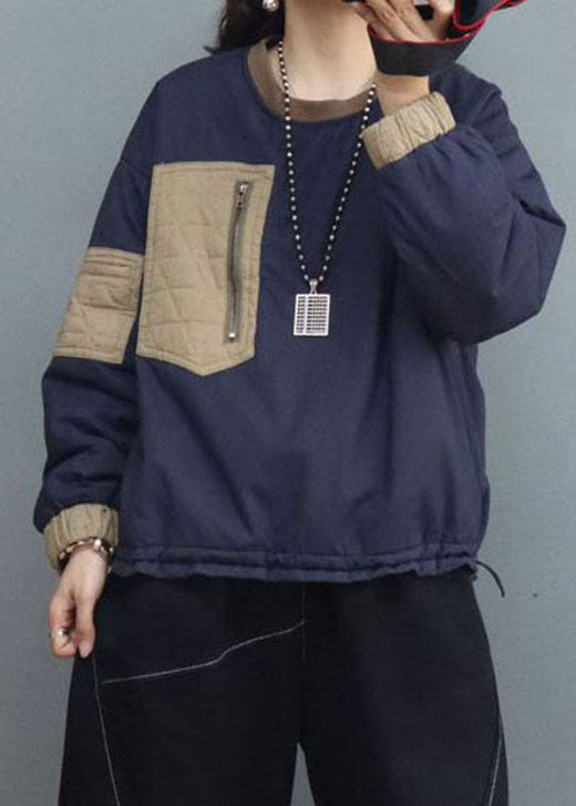 French Blue Pockets Patchwork Feine Baumwolle Gefüllte Sweatshirts Top Winter