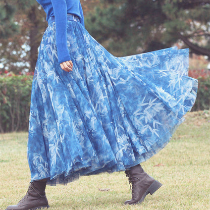 Französischblauer Tüll-Strandrock mit extra großem Saum und extra großem Saum, Frühling