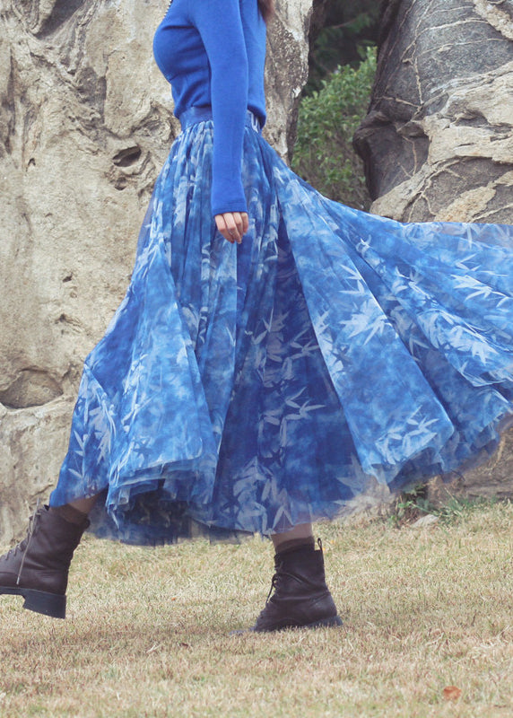 Französischblauer Tüll-Strandrock mit extra großem Saum und extra großem Saum, Frühling