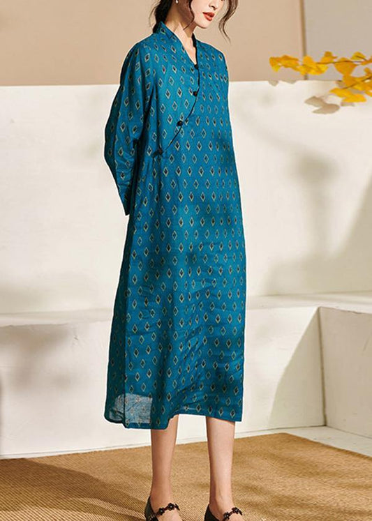 French Blue Print Patchwork Button Summer Ramie Sundress - SooLinen