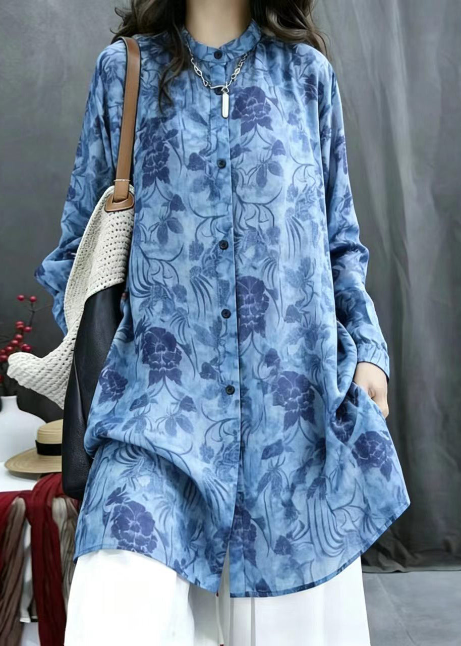 French Blue Print Stand Collar Long Blouse Top Spring