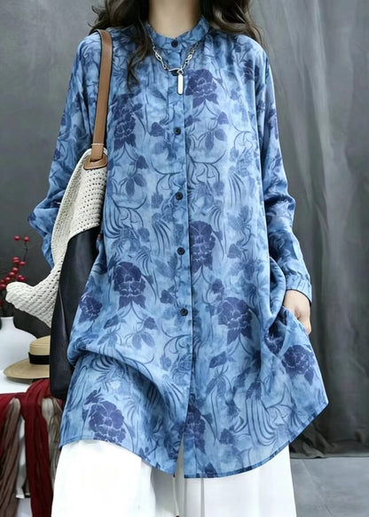 French Blue Print Stand Collar Long Blouse Top Spring