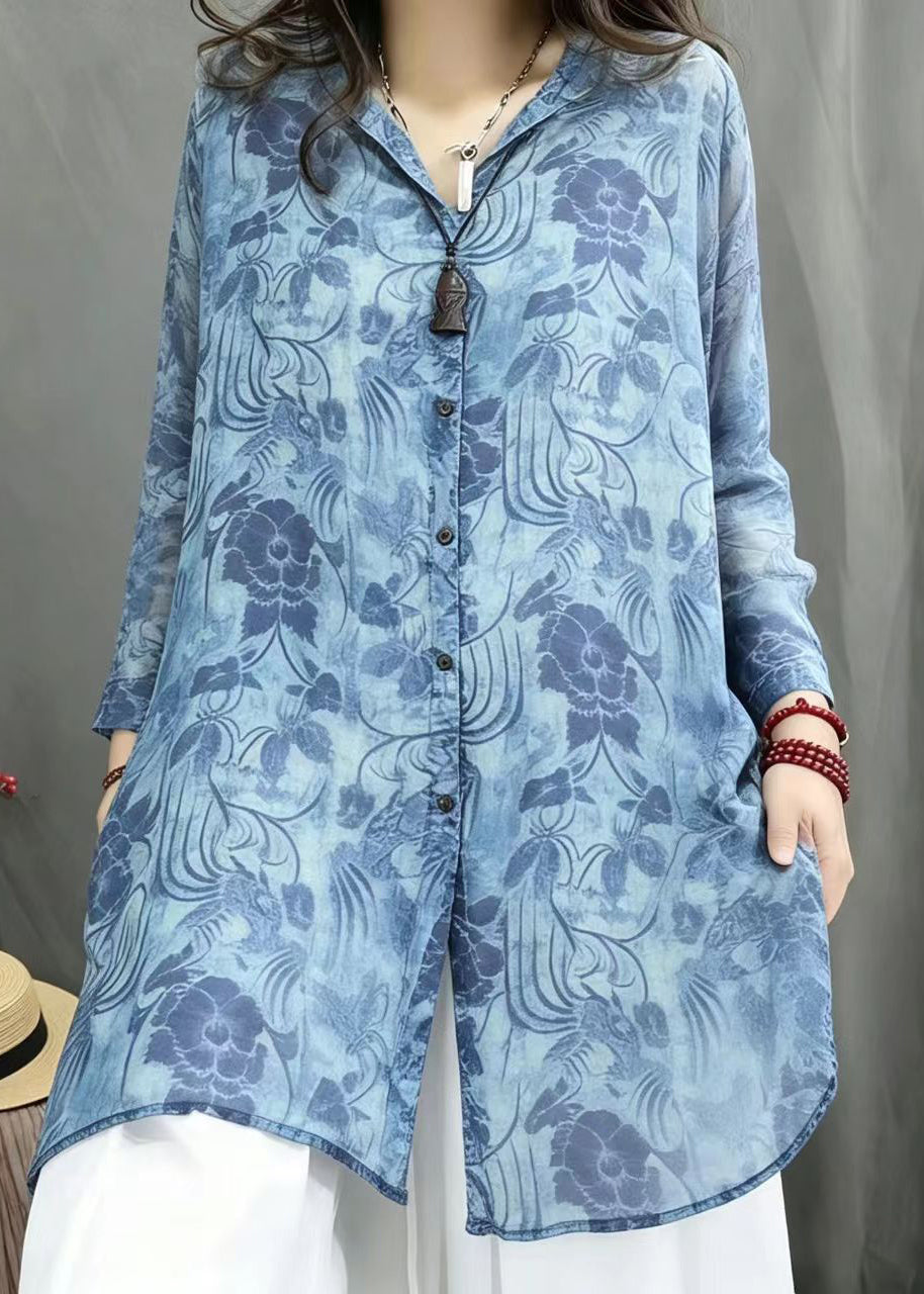French Blue Print Stand Collar Long Blouse Top Spring