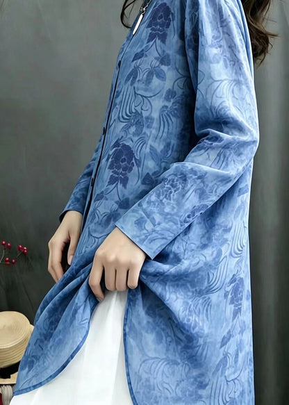 French Blue Print Stand Collar Long Blouse Top Spring