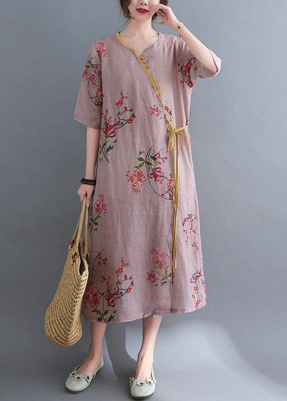 French Blue Print tie waist Mid Summer Cotton Dress - SooLinen