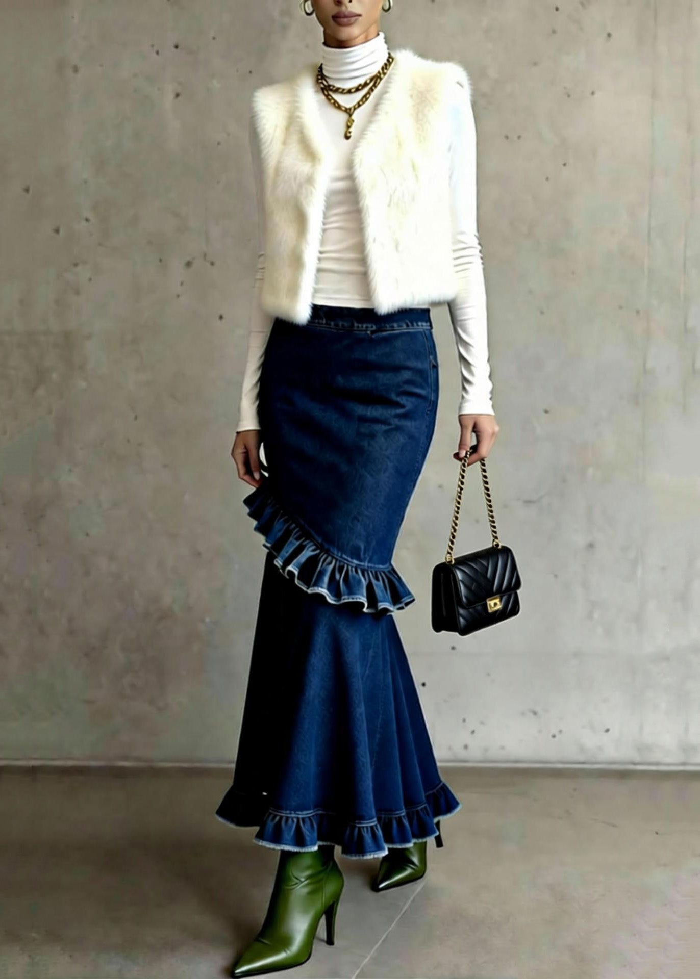 French Blue Ruffled Patchwork High Waist Denim Skirts Spring