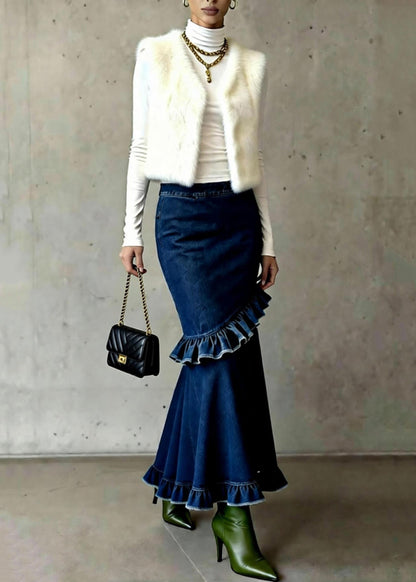 French Blue Ruffled Patchwork High Waist Denim Skirts Spring