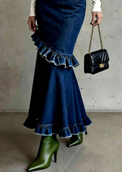 French Blue Ruffled Patchwork High Waist Denim Skirts Spring