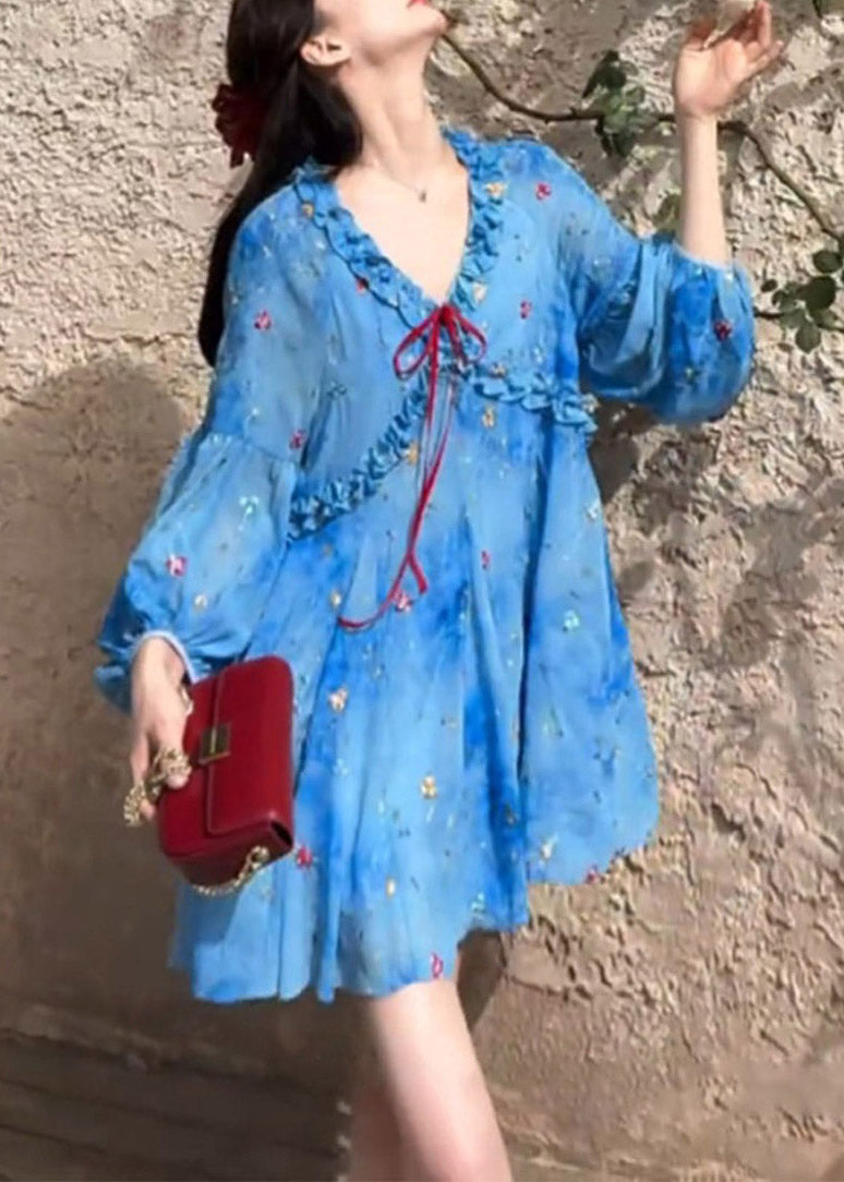 French Blue Ruffled Puff Sleeve Print Chiffon Dresses