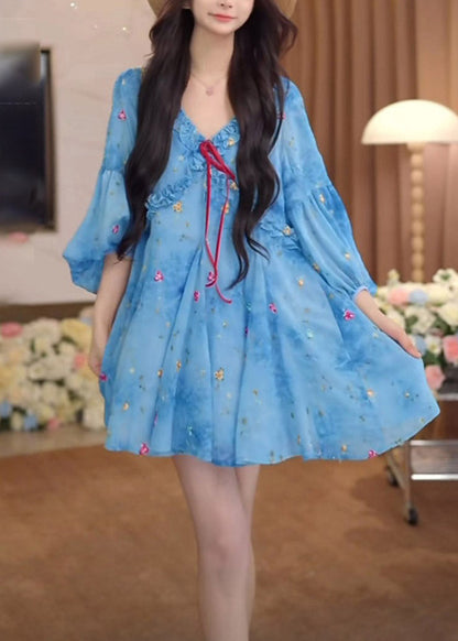 French Blue Ruffled Puff Sleeve Print Chiffon Dresses