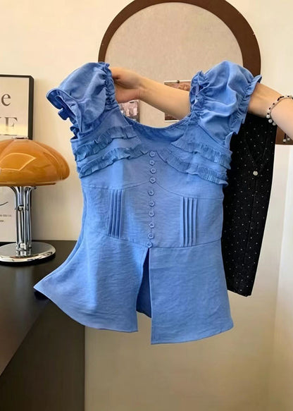 French Blue Ruffled Side Open Cotton Shirt Top Summer