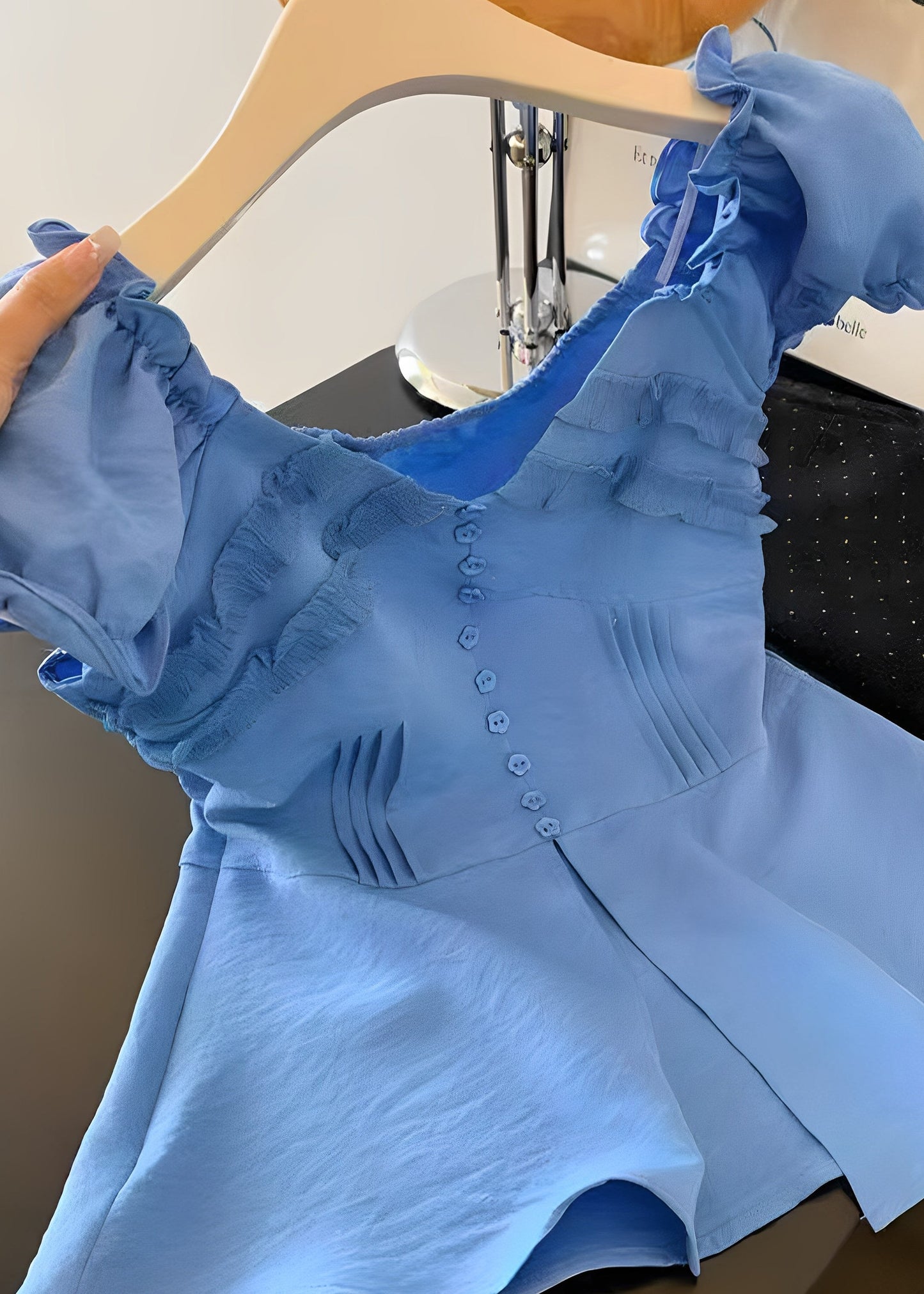 French Blue Ruffled Side Open Cotton Shirt Top Summer