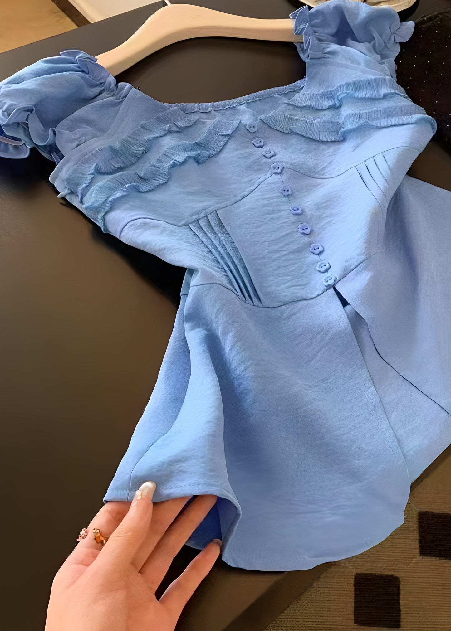 French Blue Ruffled Side Open Cotton Shirt Top Summer
