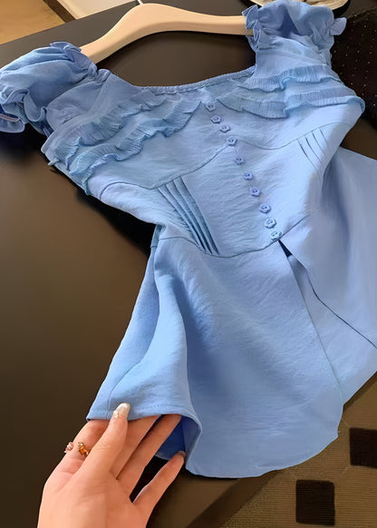French Blue Ruffled Side Open Cotton Shirt Top Summer